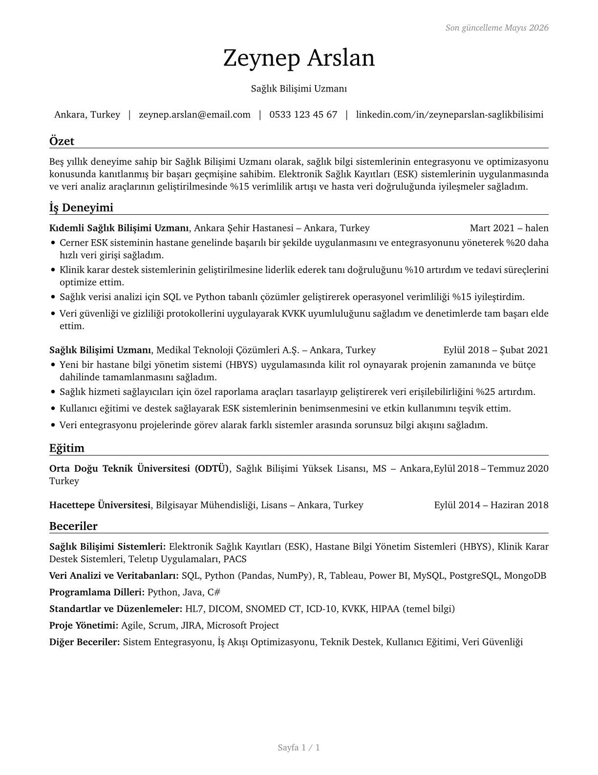 Health Informatics Specialists CV in Turkish — page 1
