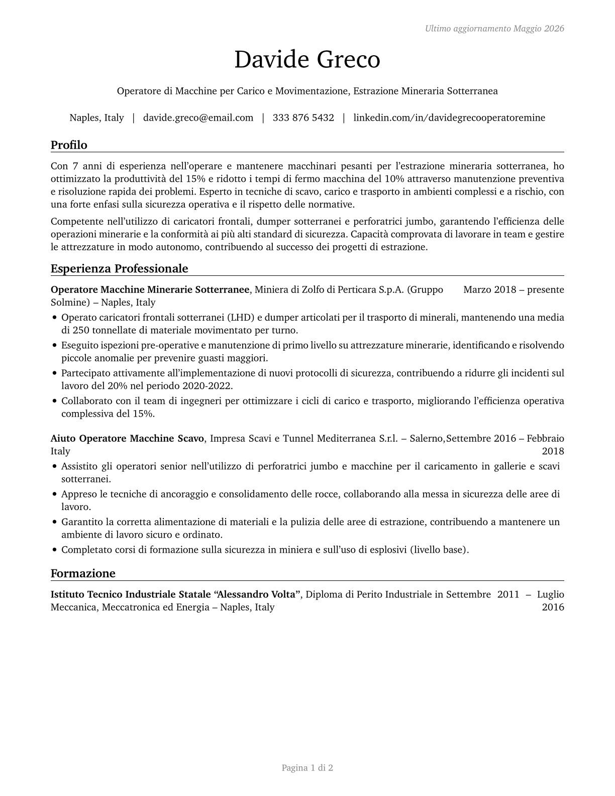 Loading and Moving Machine Operators, Underground Mining CV in Italian — page 1