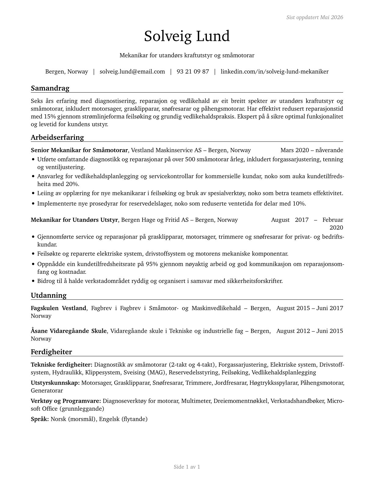 Outdoor Power Equipment and Other Small Engine Mechanics CV in Norwegian_nynorsk — page 1