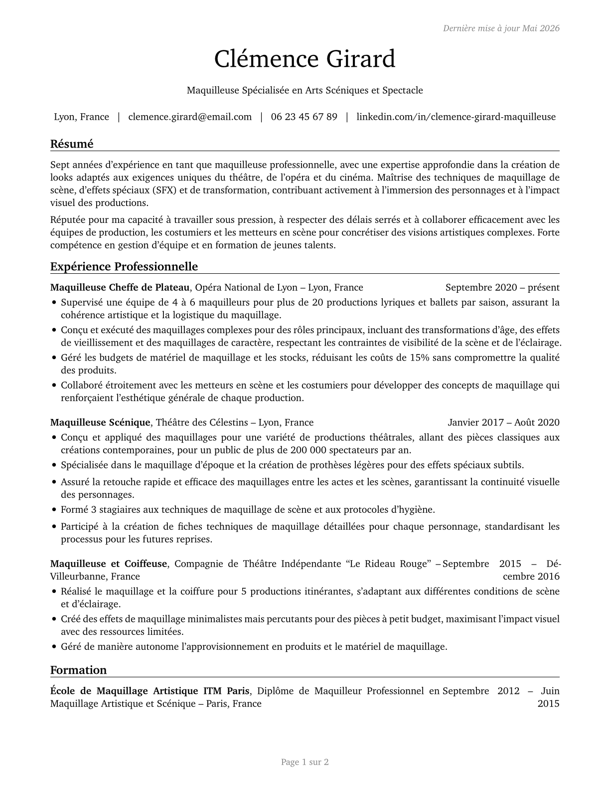 Makeup Artists, Theatrical and Performance CV in French — page 1