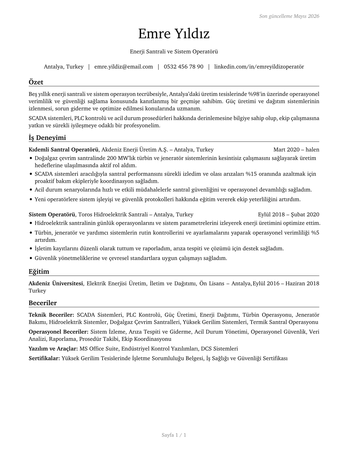 Plant and System Operators, All Other CV in Turkish — page 1