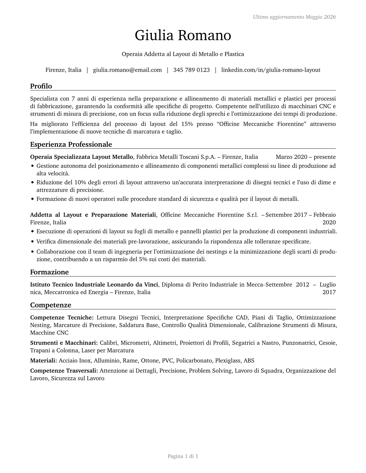 Layout Workers, Metal and Plastic CV in Italian — page 1
