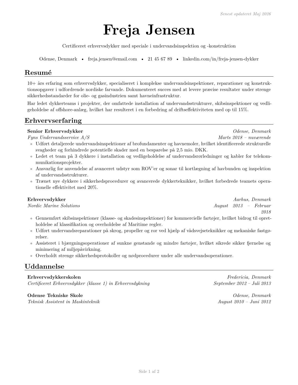 Commercial Divers CV in Danish — page 1
