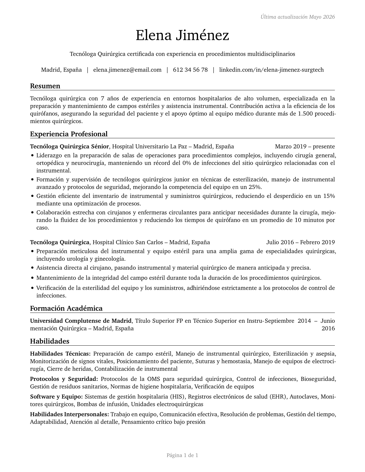 Surgical Technologists CV in Spanish — page 1