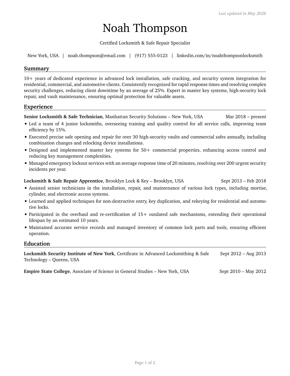 Locksmiths and Safe Repairers CV in English — page 1