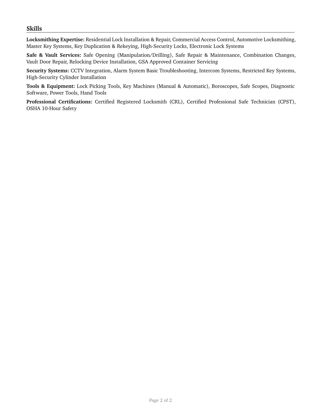Locksmiths and Safe Repairers CV in English — page 2