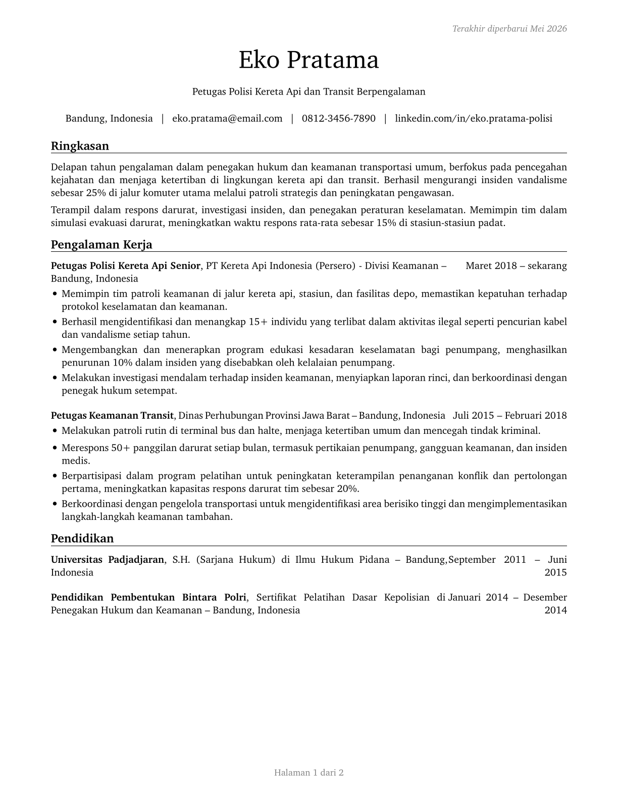 Transit and Railroad Police CV in Indonesian — page 1