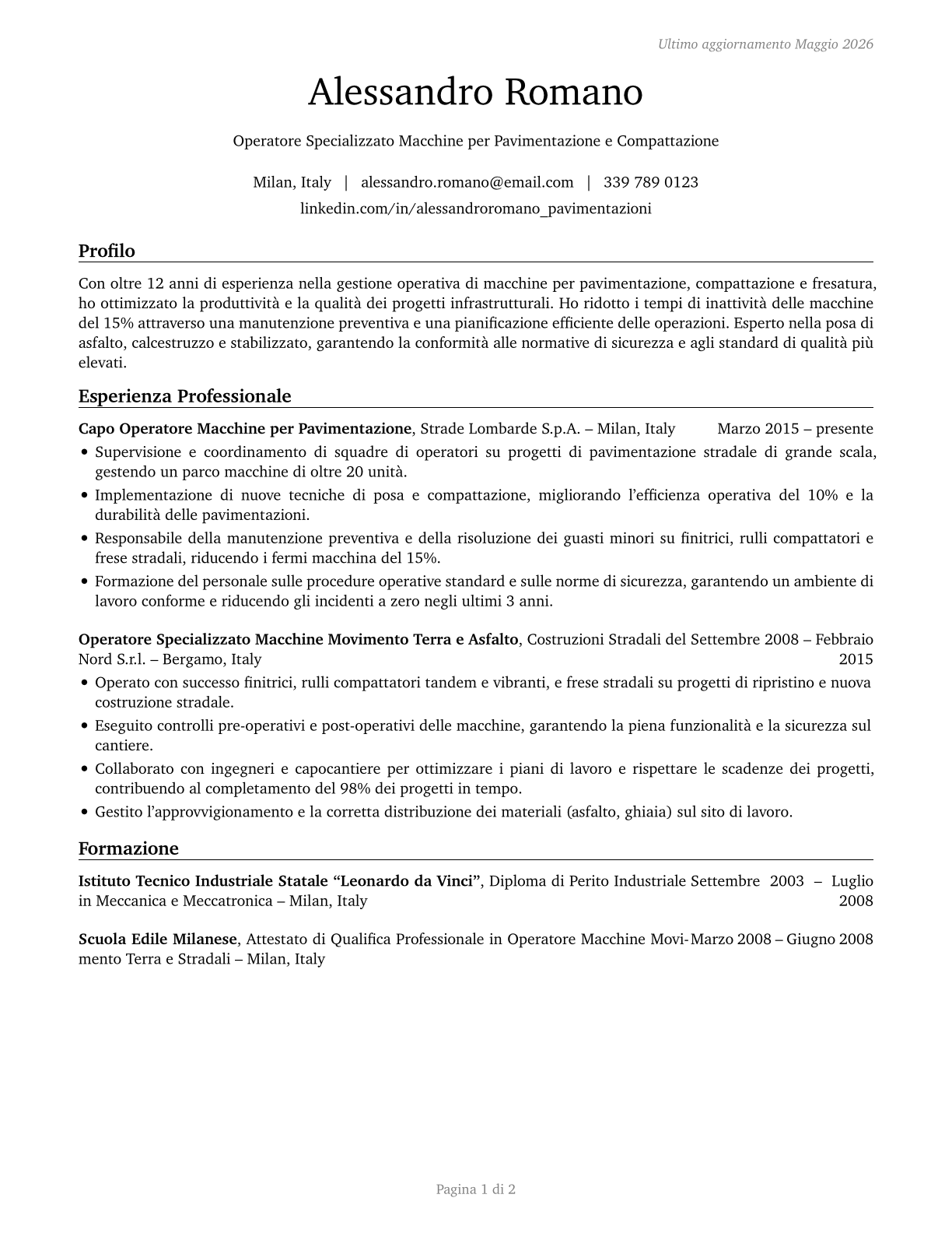 Paving, Surfacing, and Tamping Equipment Operators CV in Italian — page 1