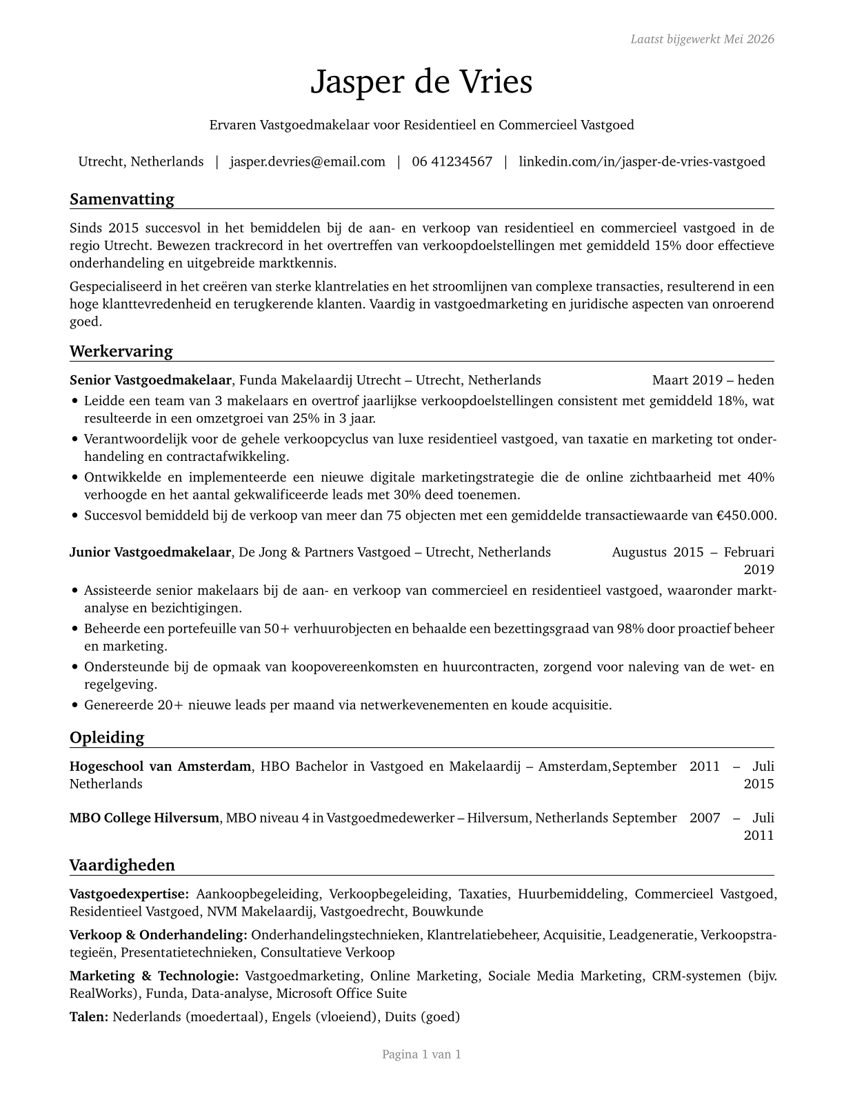 Real Estate Sales Agents CV in Dutch — page 1