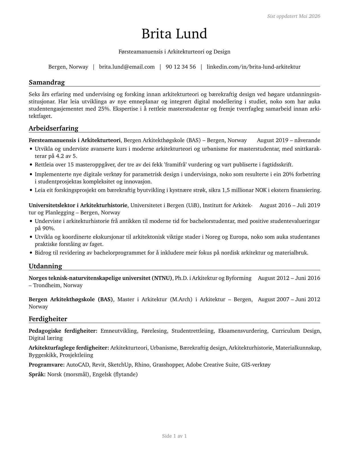 Architecture Teachers, Postsecondary CV in Norwegian_nynorsk — page 1
