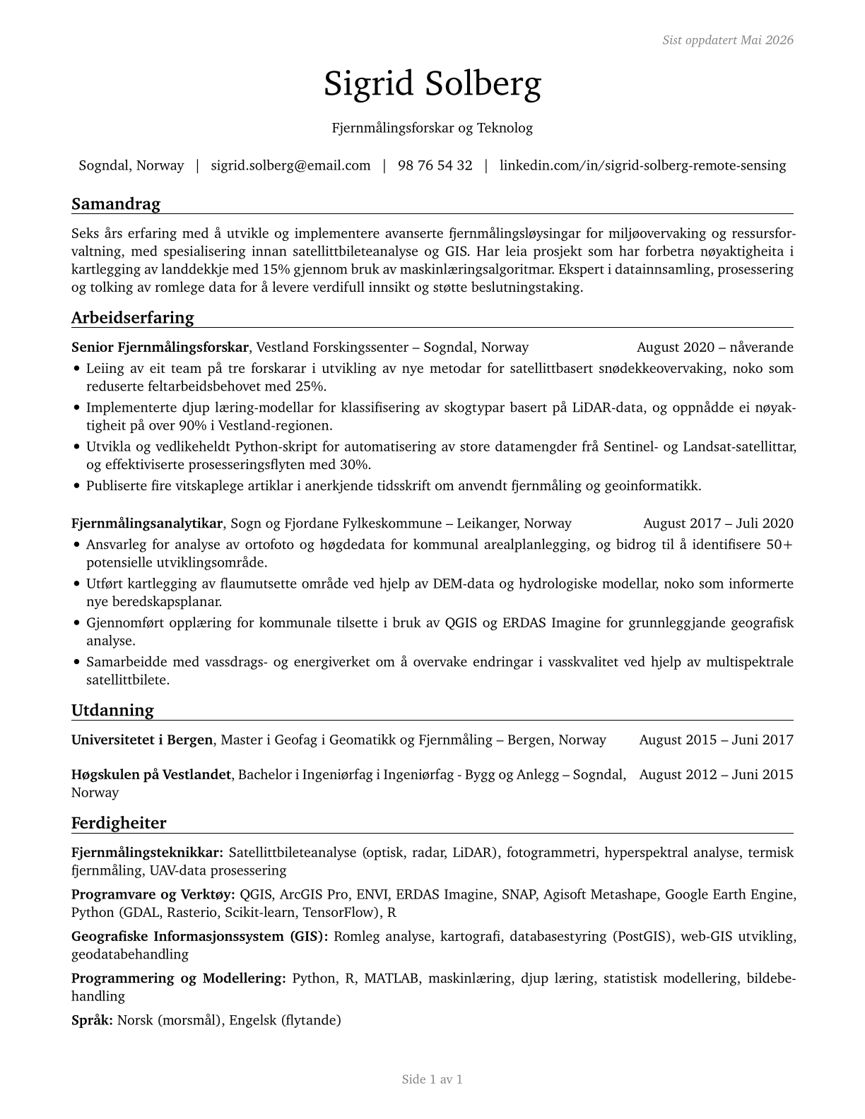 Remote Sensing Scientists and Technologists CV in Norwegian_nynorsk — page 1