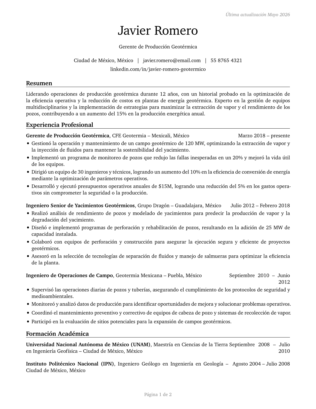 Geothermal Production Managers CV in Spanish — page 1
