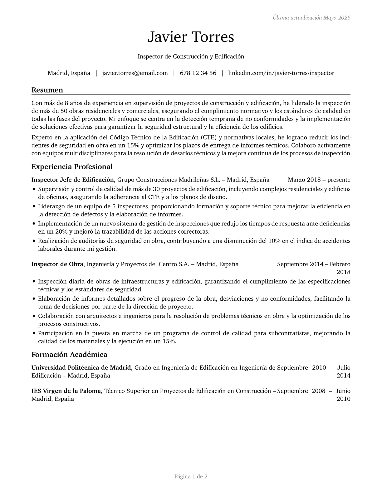 Construction and Building Inspectors CV in Spanish — page 1