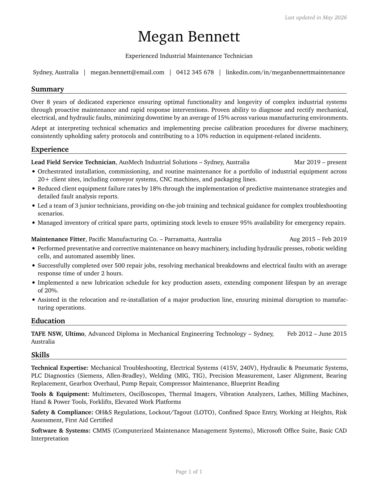 Installation, Maintenance, and Repair Workers, All Other CV in English — page 1