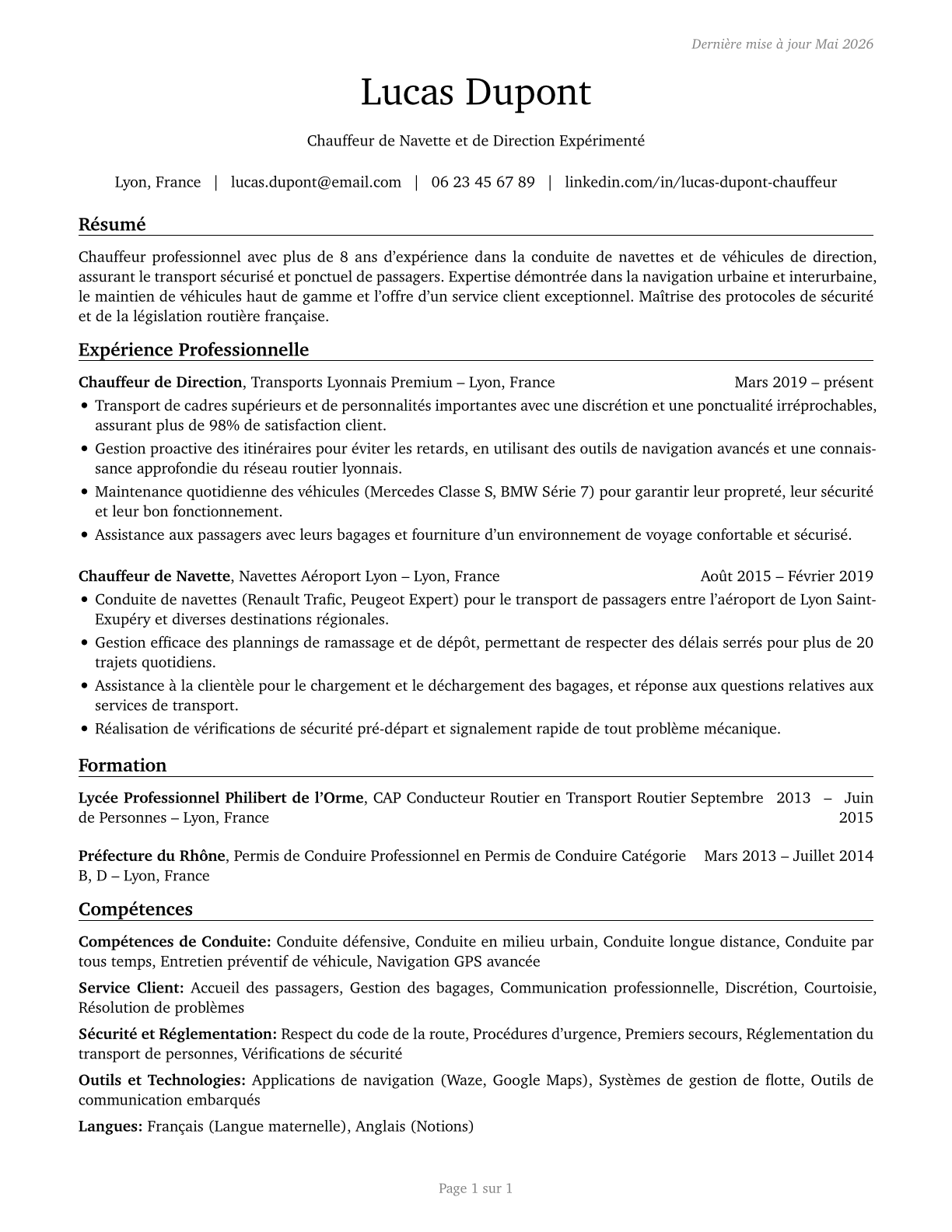 Shuttle Drivers and Chauffeurs CV in French — page 1