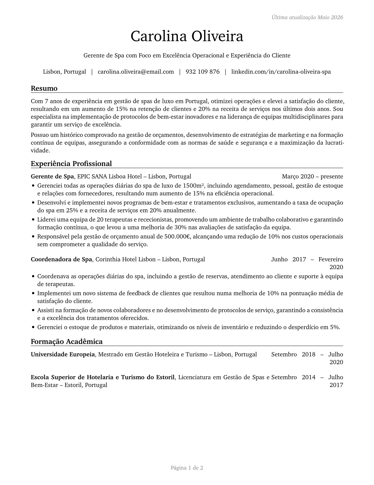 Spa Managers CV in Portuguese — page 1