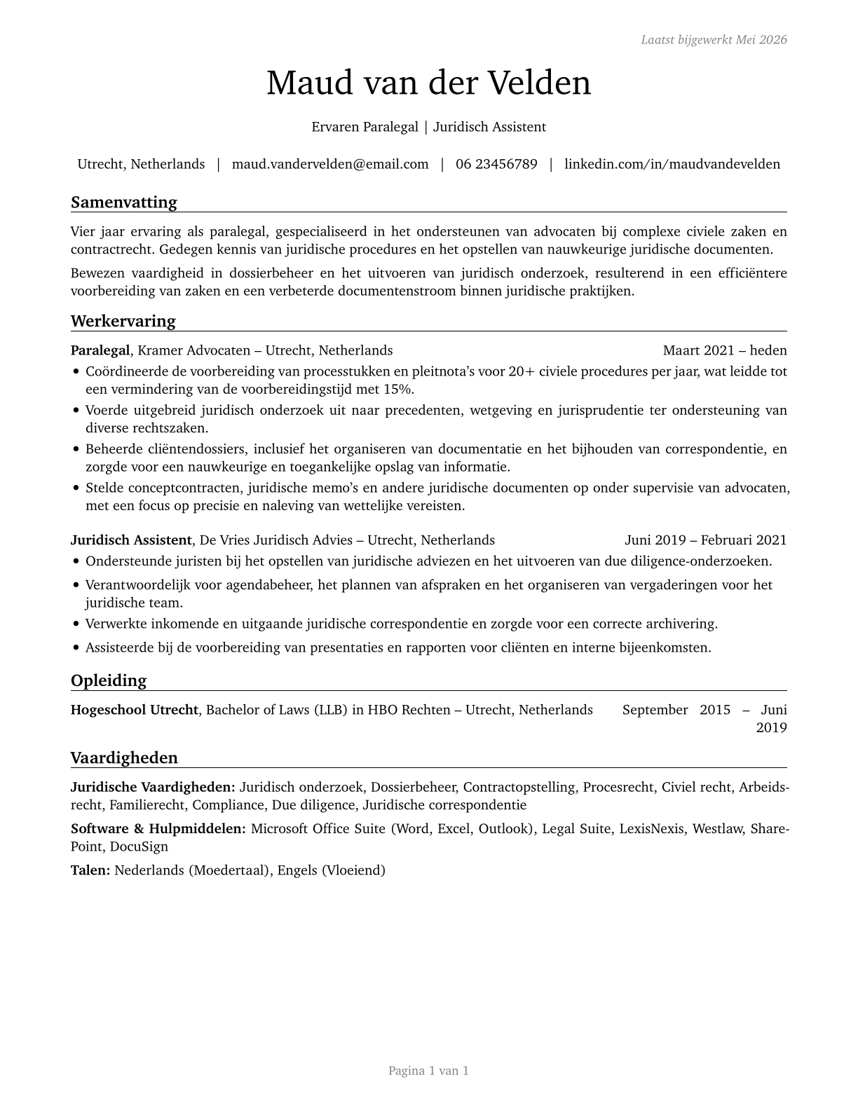 Paralegals and Legal Assistants CV in Dutch — page 1