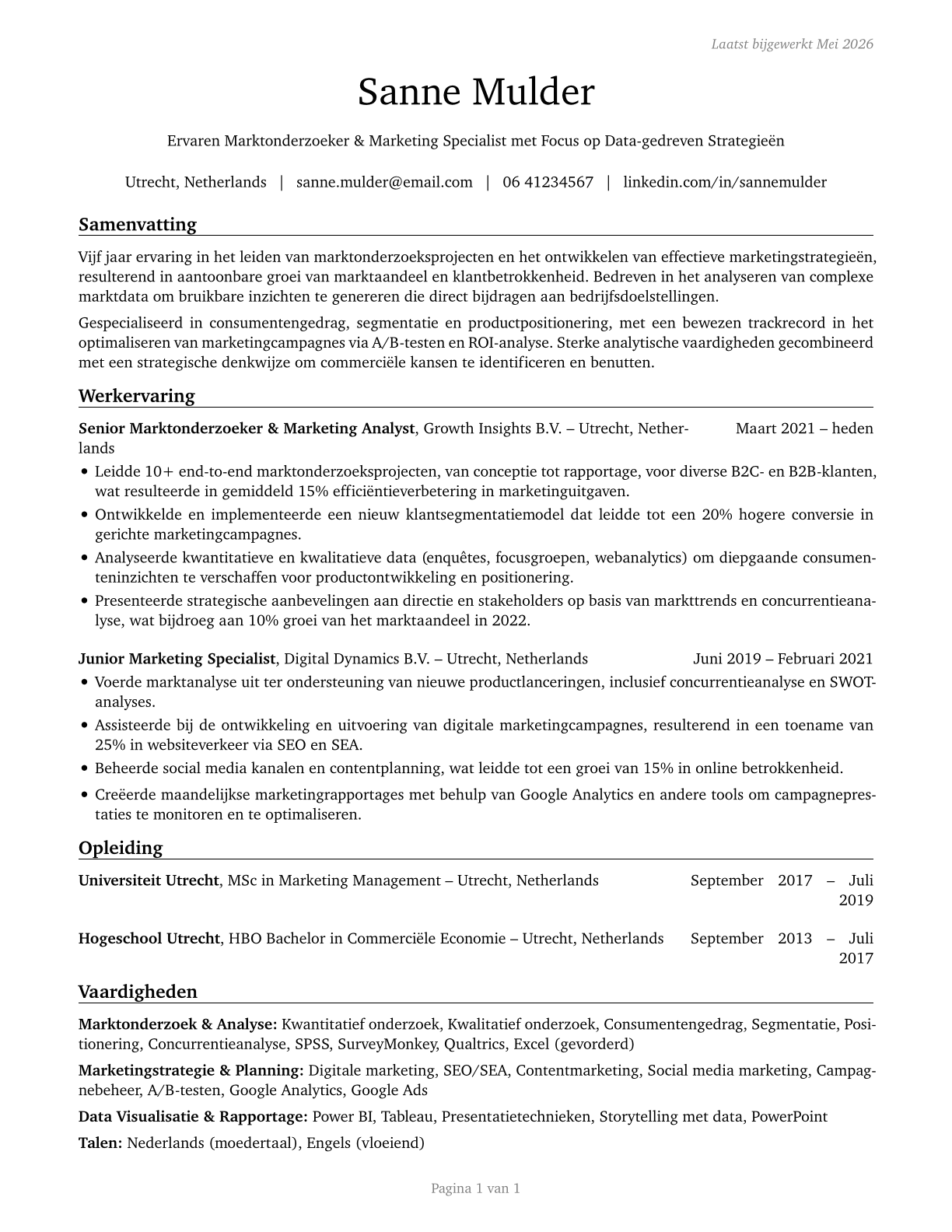 Market Research Analysts and Marketing Specialists CV in Dutch — page 1