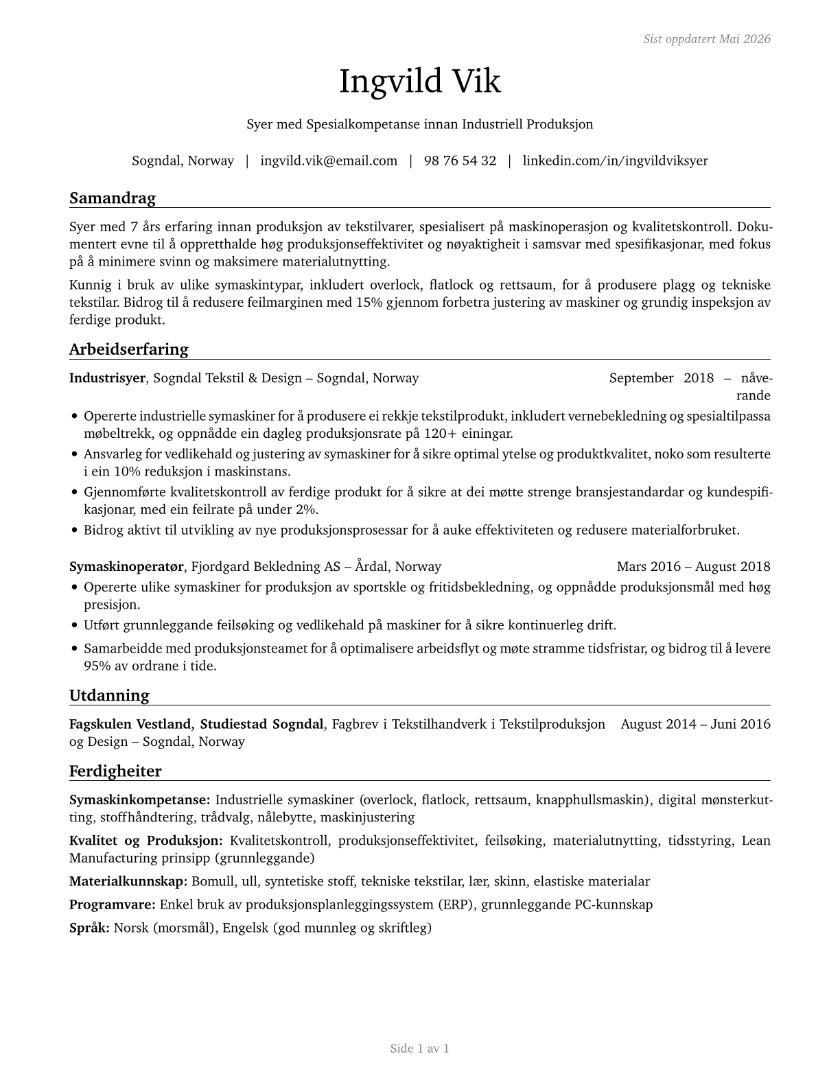 Sewing Machine Operators CV in Norwegian_nynorsk — page 1