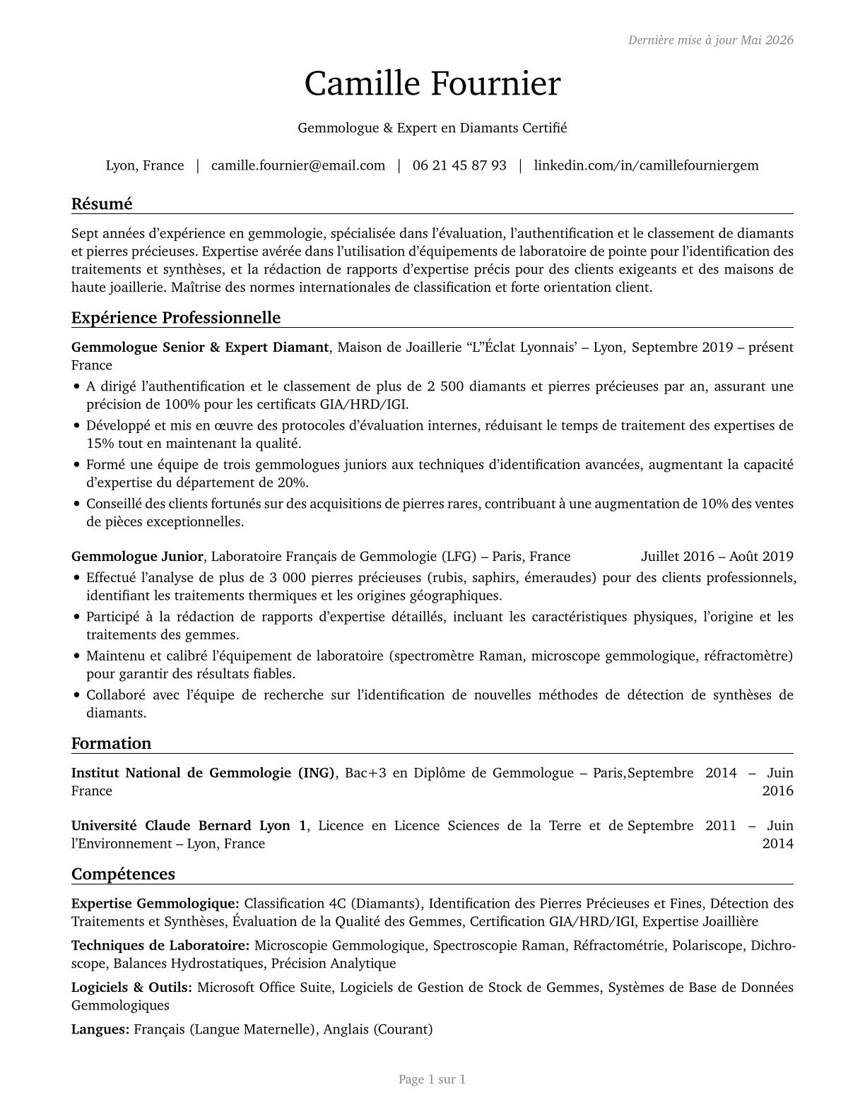 Gem and Diamond Workers CV in French — page 1