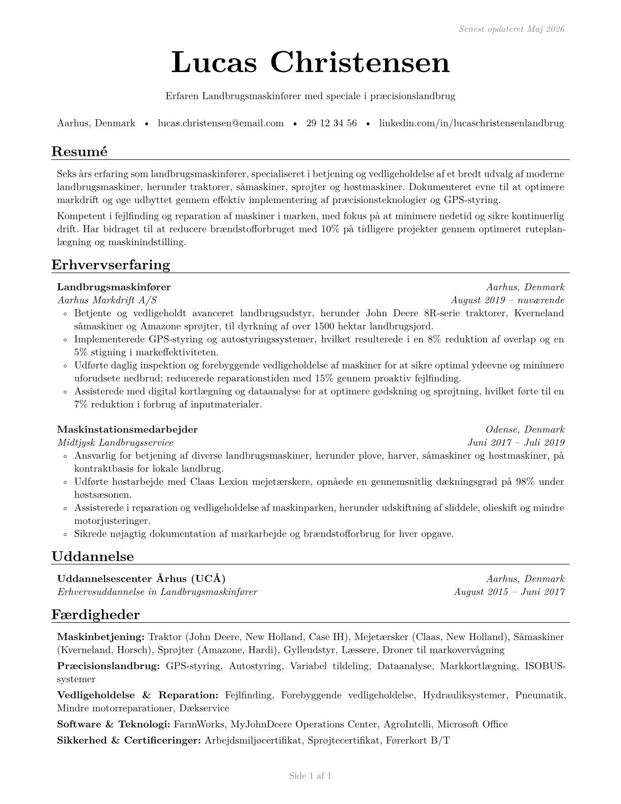 Agricultural Equipment Operators CV in Danish — page 1