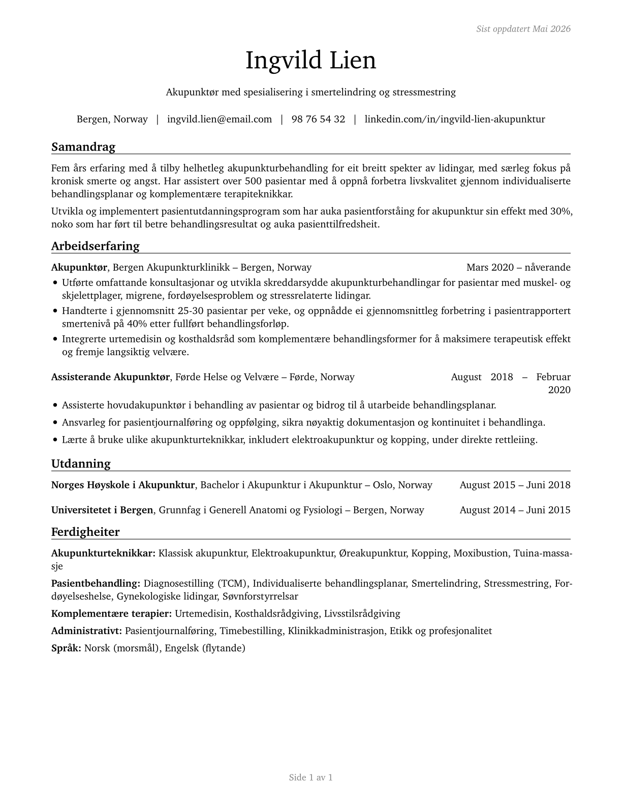 Acupuncturists CV in Norwegian_nynorsk — page 1