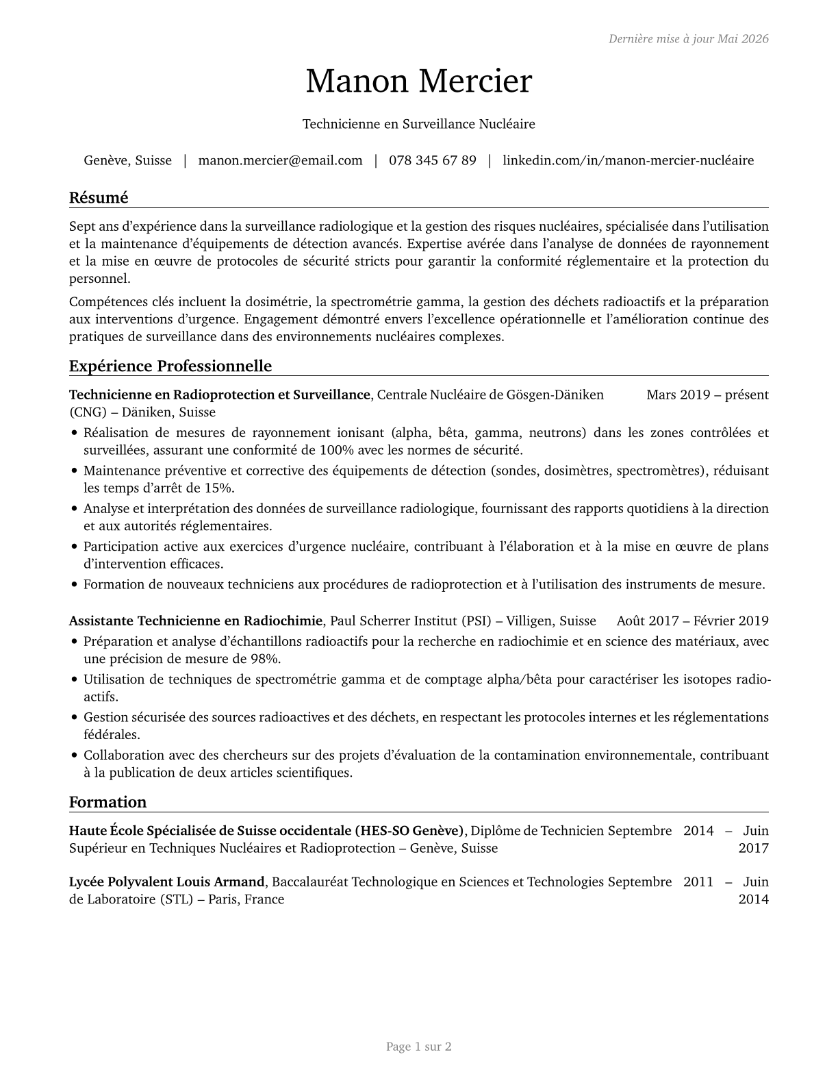Nuclear Monitoring Technicians CV in French — page 1