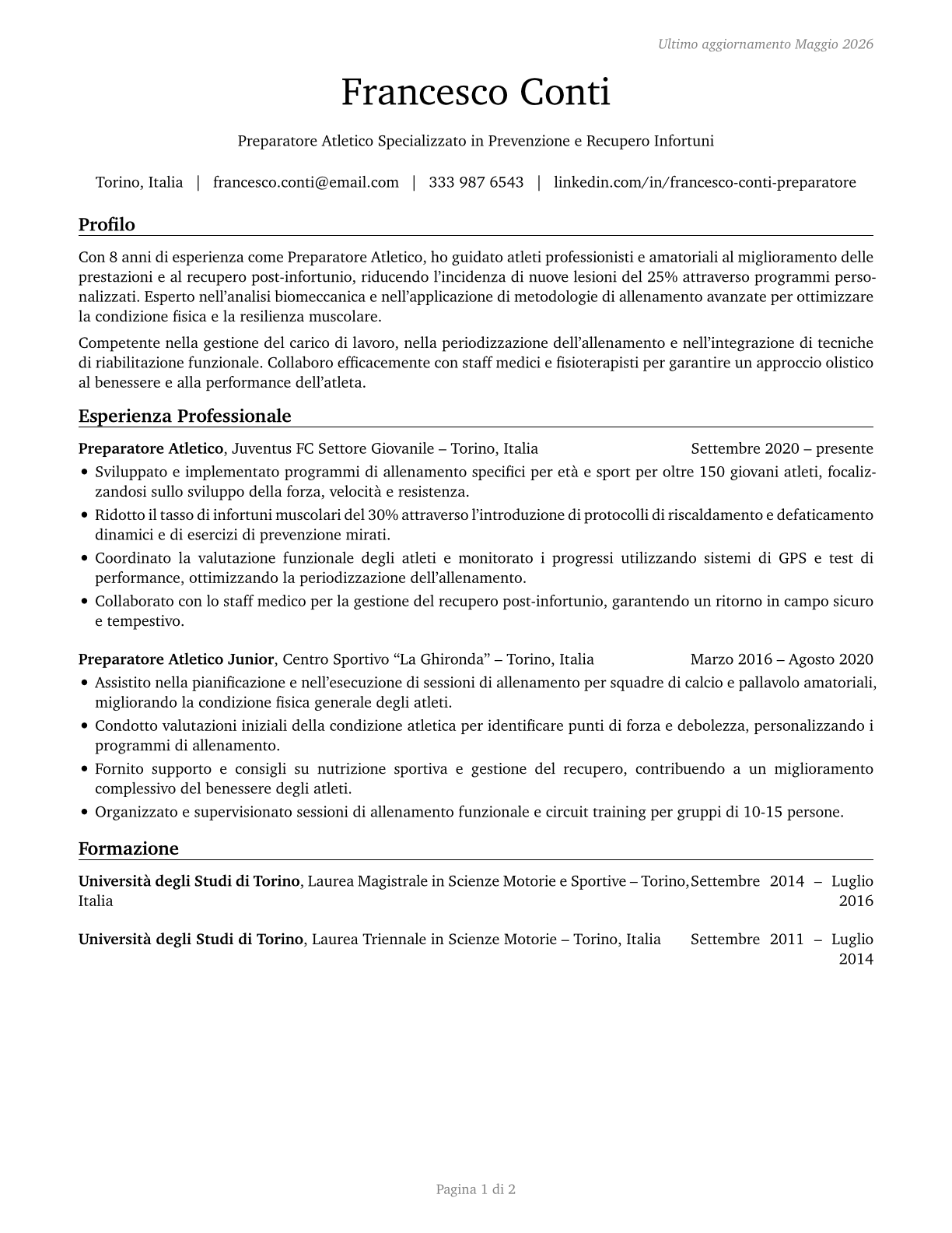 Athletic Trainers CV in Italian — page 1