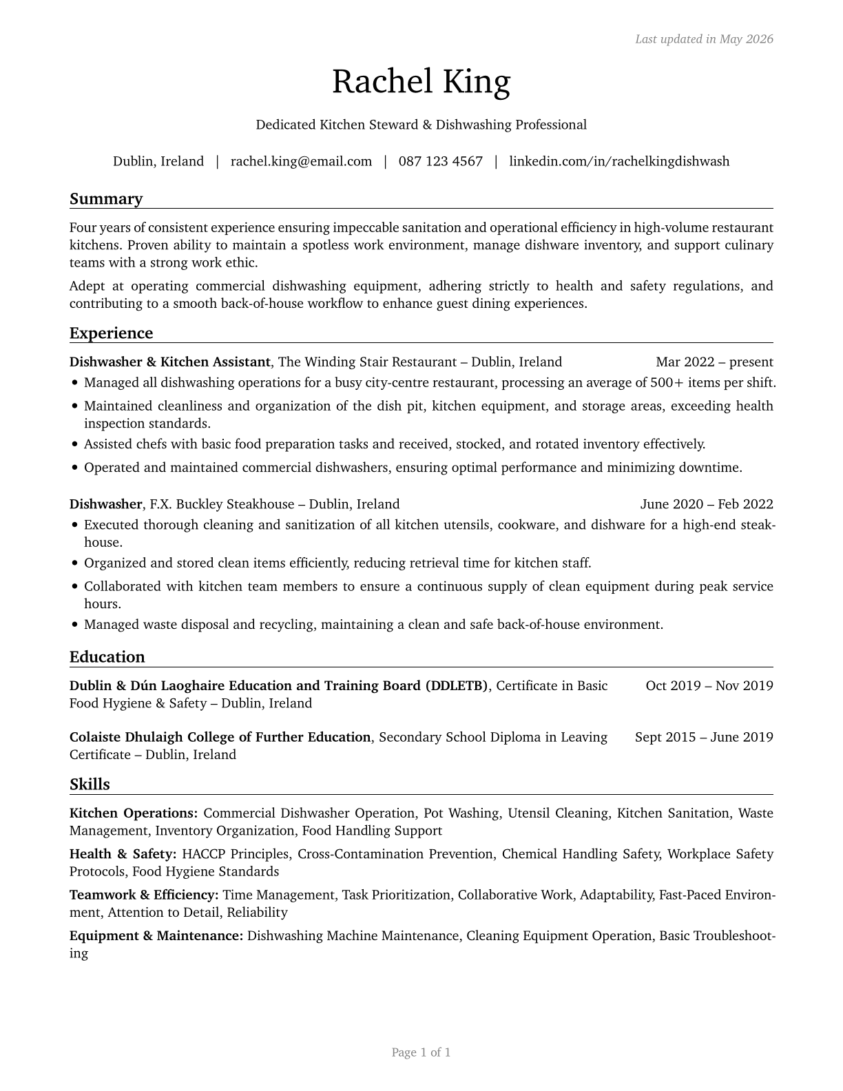 Dishwashers CV in English — page 1