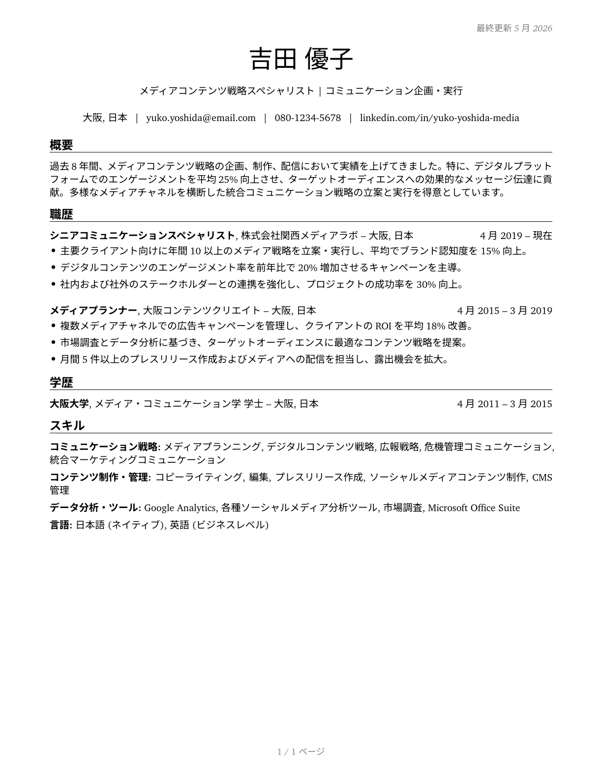 Media and Communication Workers, All Other CV in Japanese — page 1