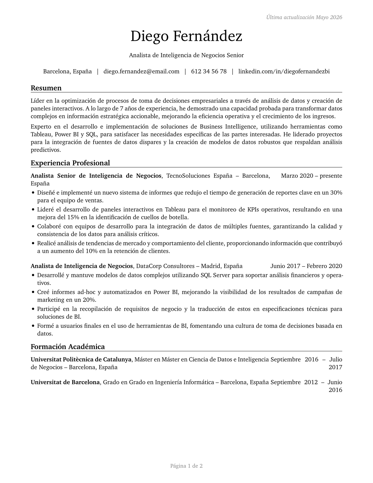 Business Intelligence Analysts CV in Spanish — page 1
