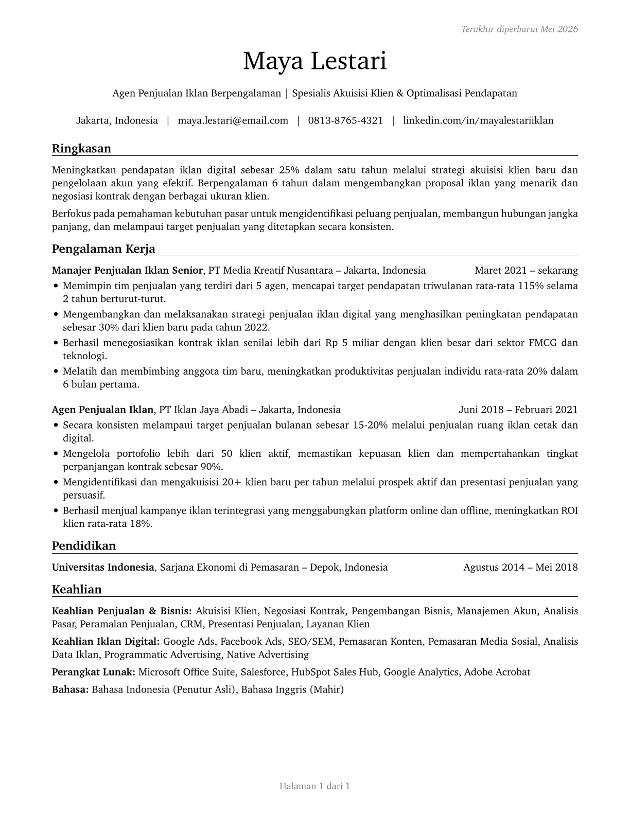 Advertising Sales Agents CV in Indonesian — page 1