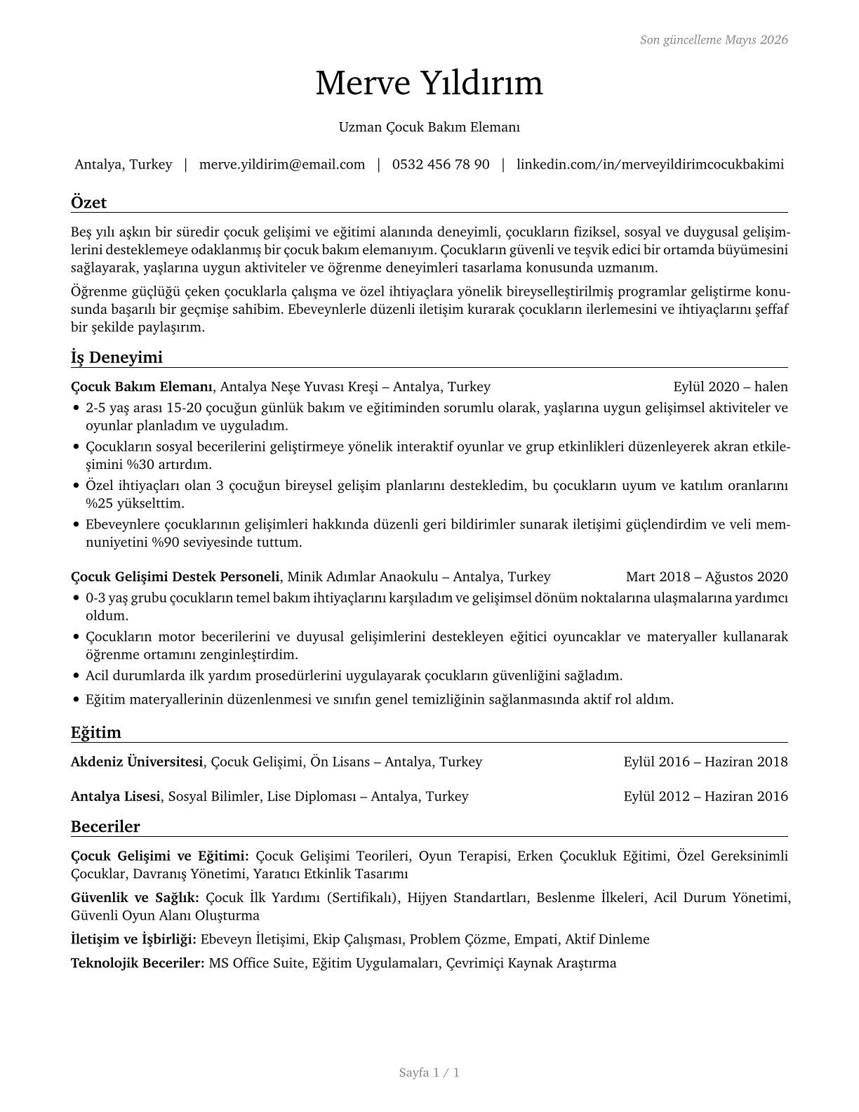 Childcare Workers CV in Turkish — page 1