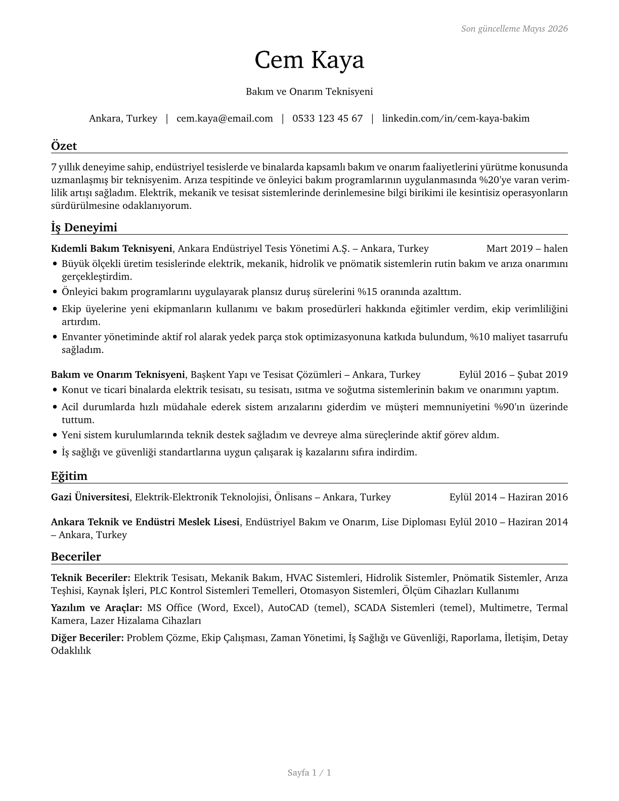 Maintenance and Repair Workers, General CV in Turkish — page 1