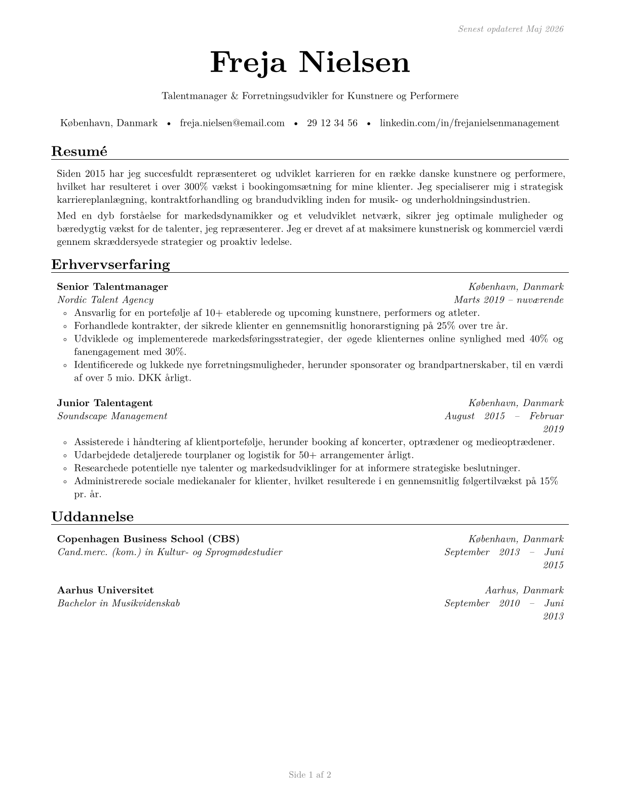 Agents and Business Managers of Artists, Performers, and Athletes CV in Danish — page 1