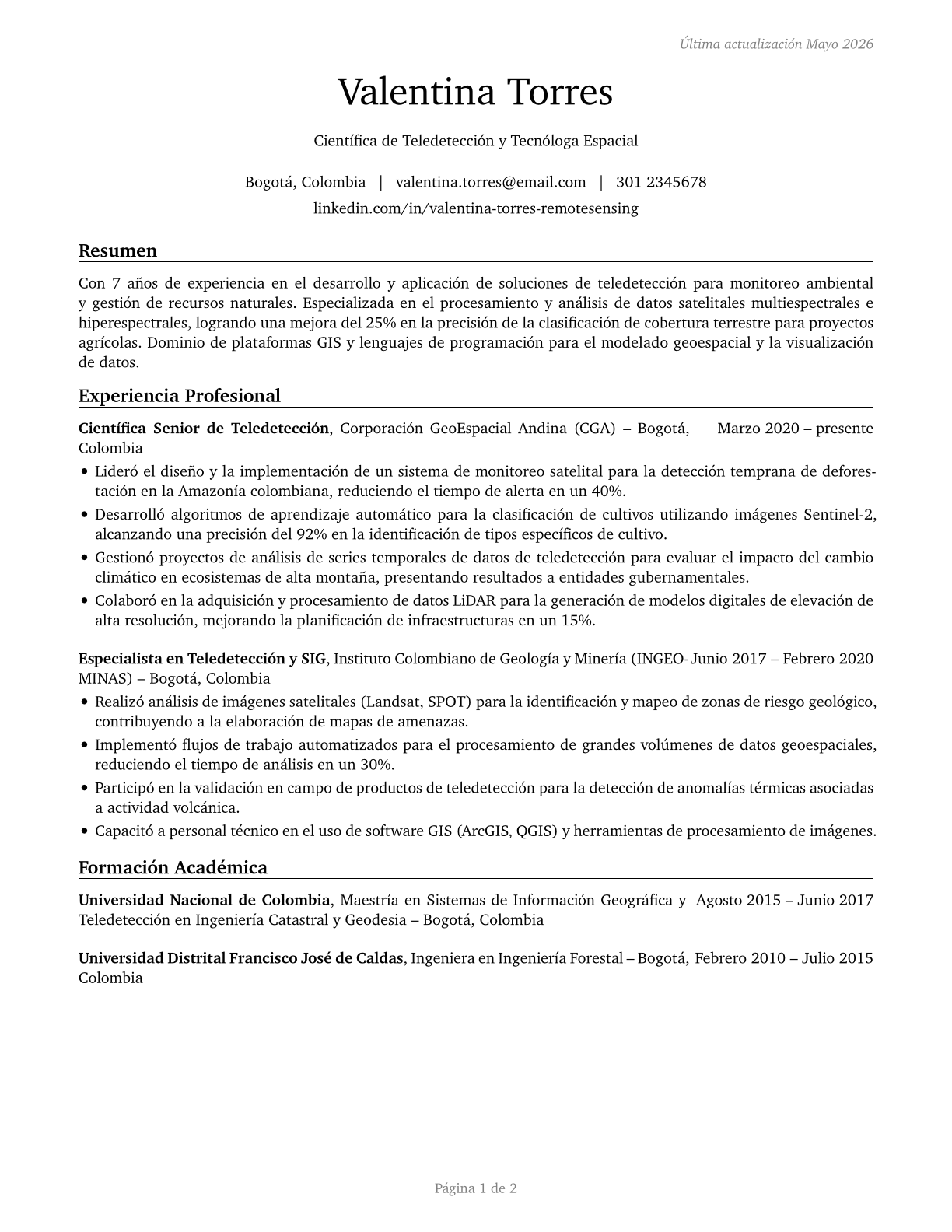 Remote Sensing Scientists and Technologists CV in Spanish — page 1