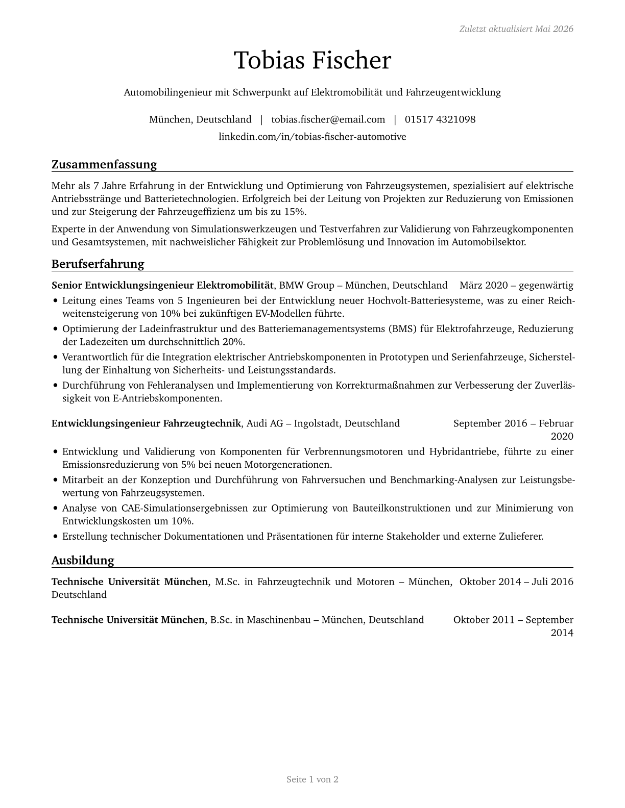 Automotive Engineers CV in German — page 1