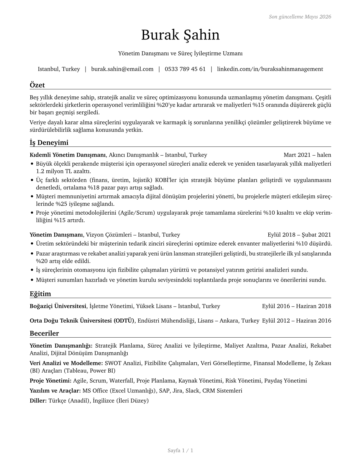 Management Analysts CV in Turkish — page 1
