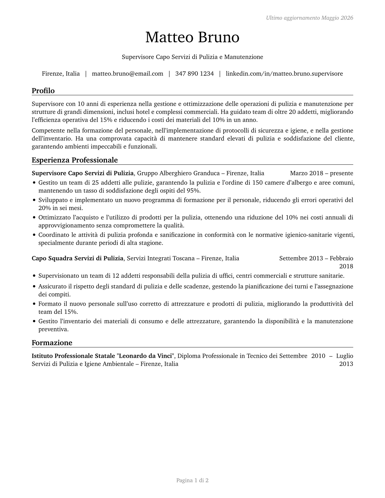 First-Line Supervisors of Housekeeping and Janitorial Workers CV in Italian — page 1