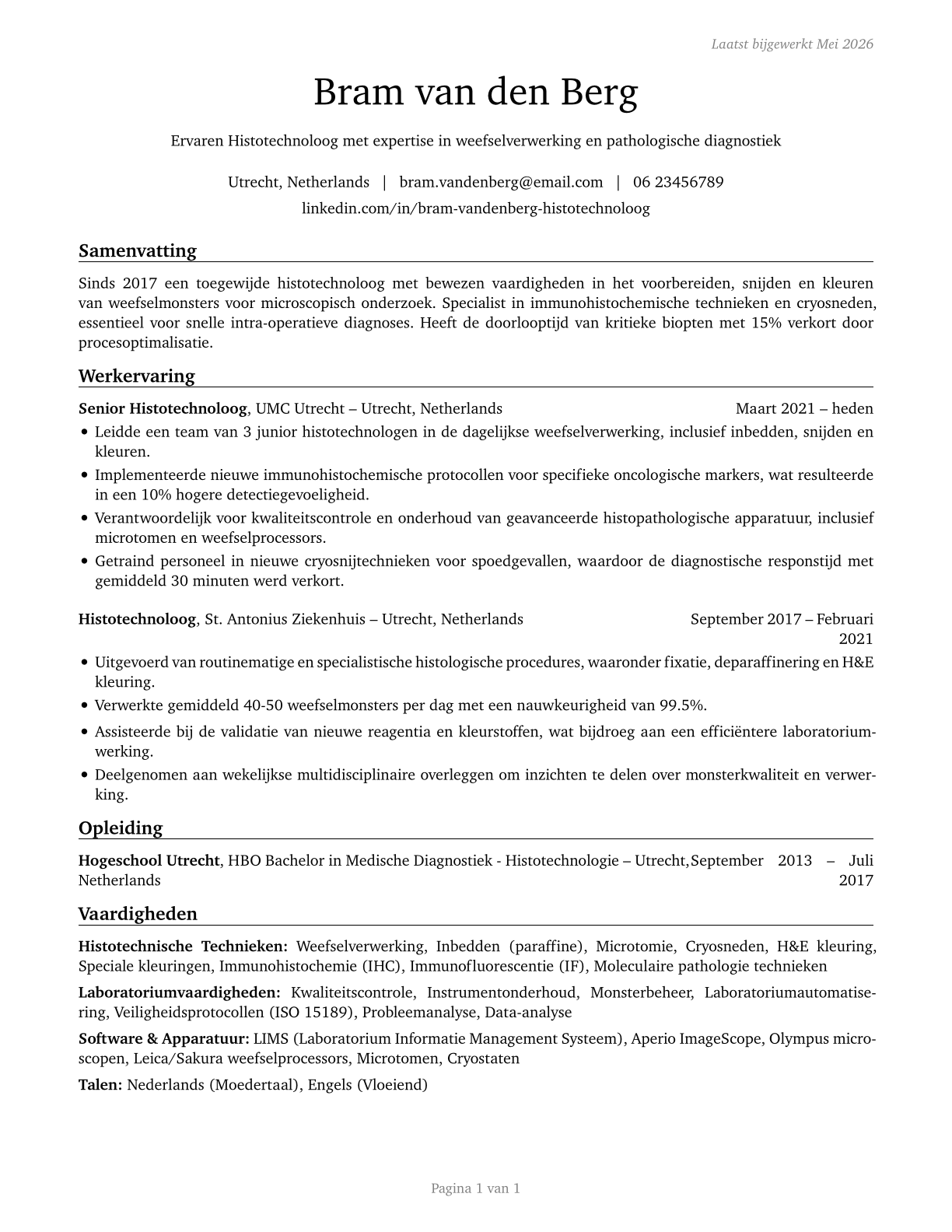 Histotechnologists CV in Dutch — page 1