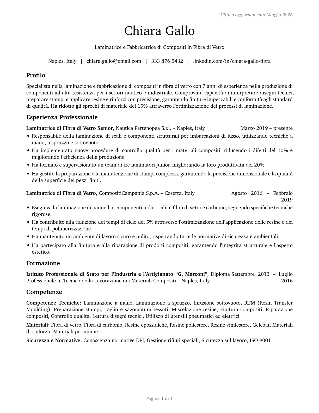Fiberglass Laminators and Fabricators CV in Italian — page 1