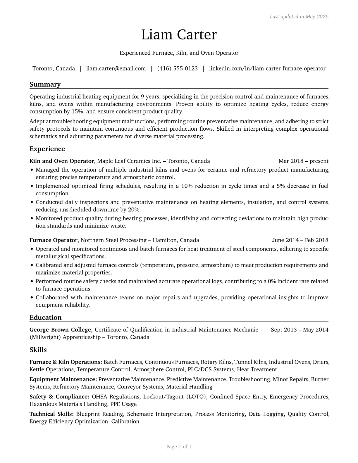 Furnace, Kiln, Oven, Drier, and Kettle Operators and Tenders CV in English — page 1