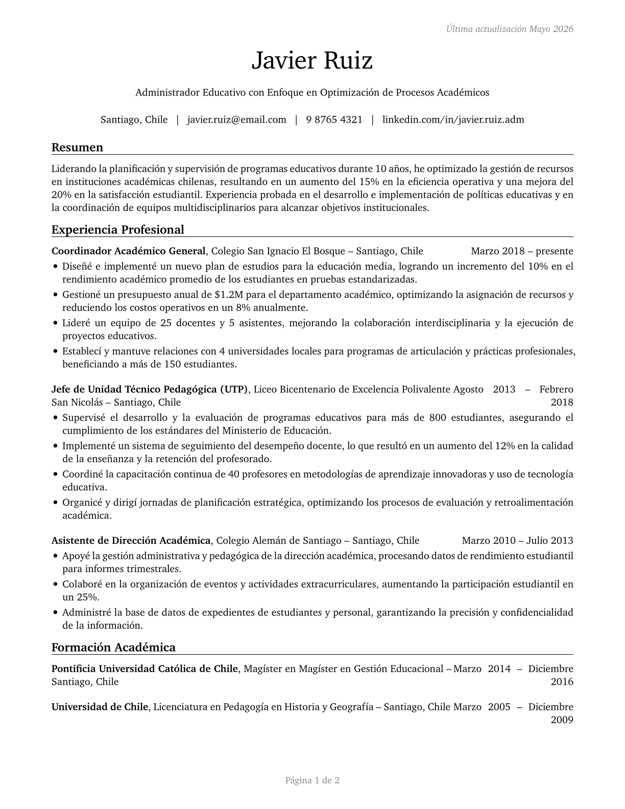 Education Administrators, All Other CV in Spanish — page 1