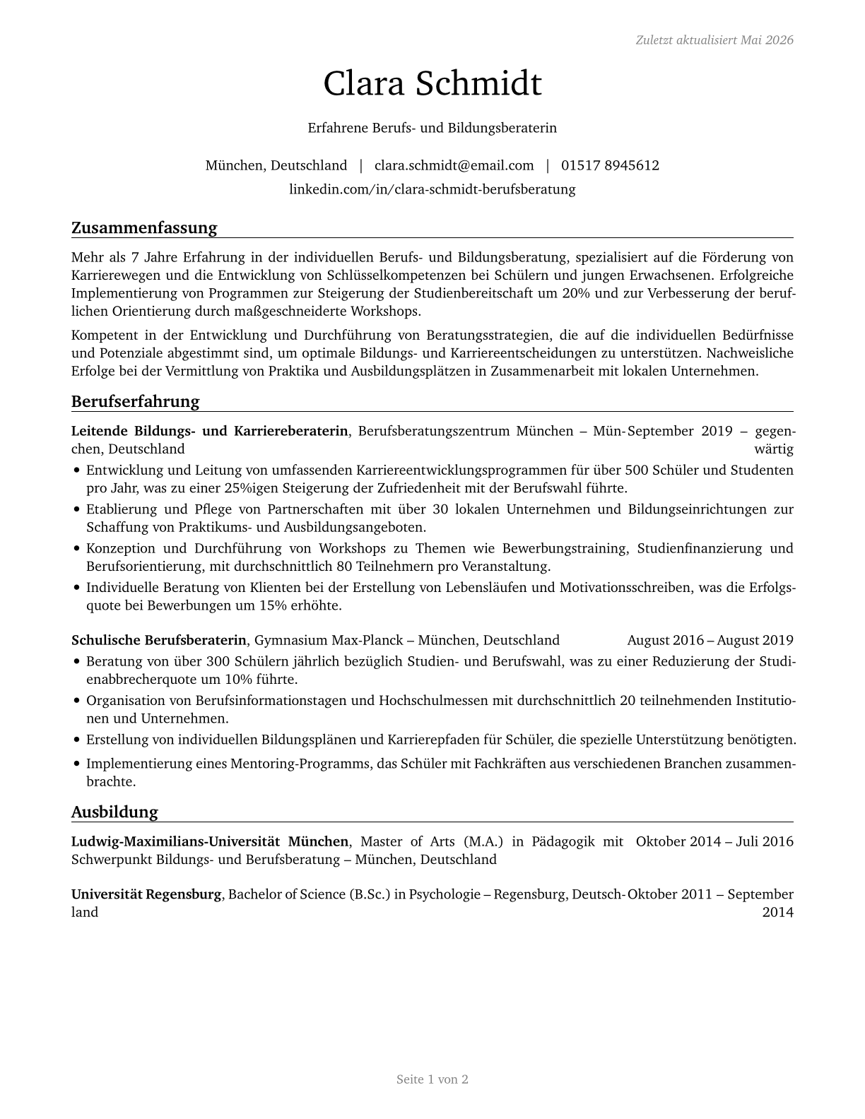 Educational, Guidance, and Career Counselors and Advisors CV in German — page 1