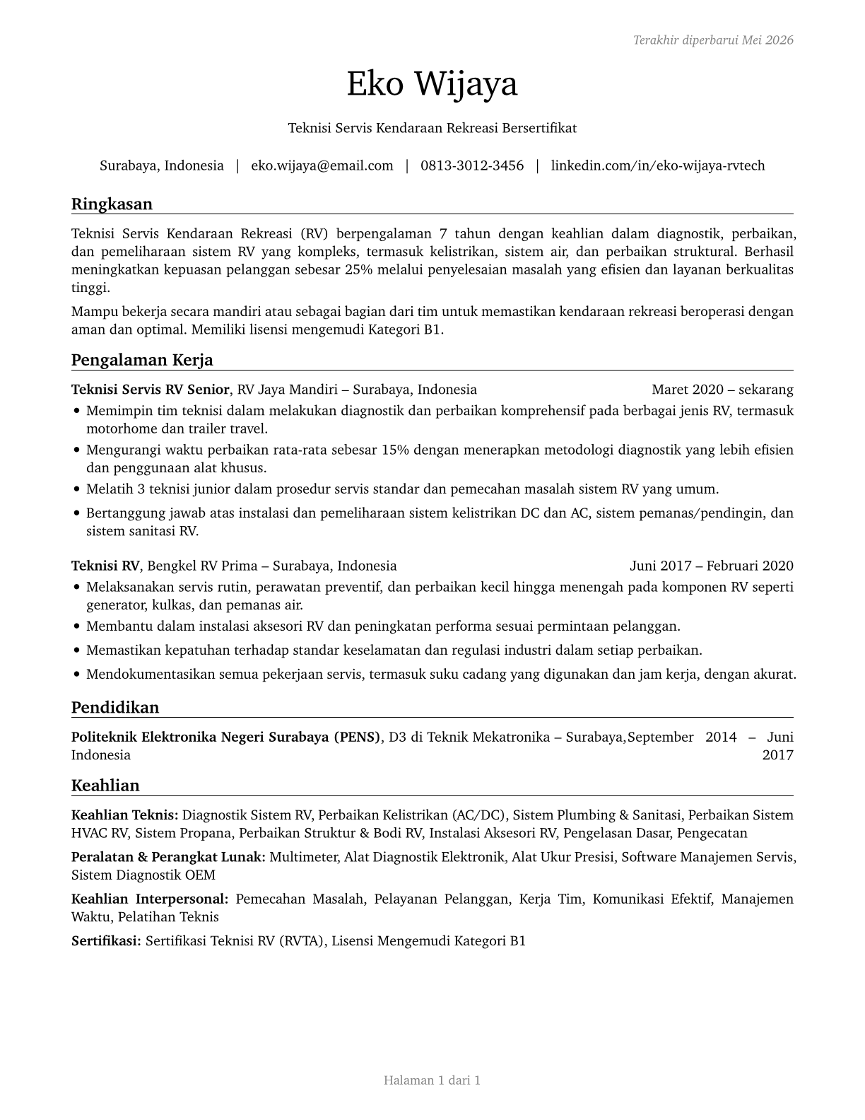 Recreational Vehicle Service Technicians CV in Indonesian — page 1