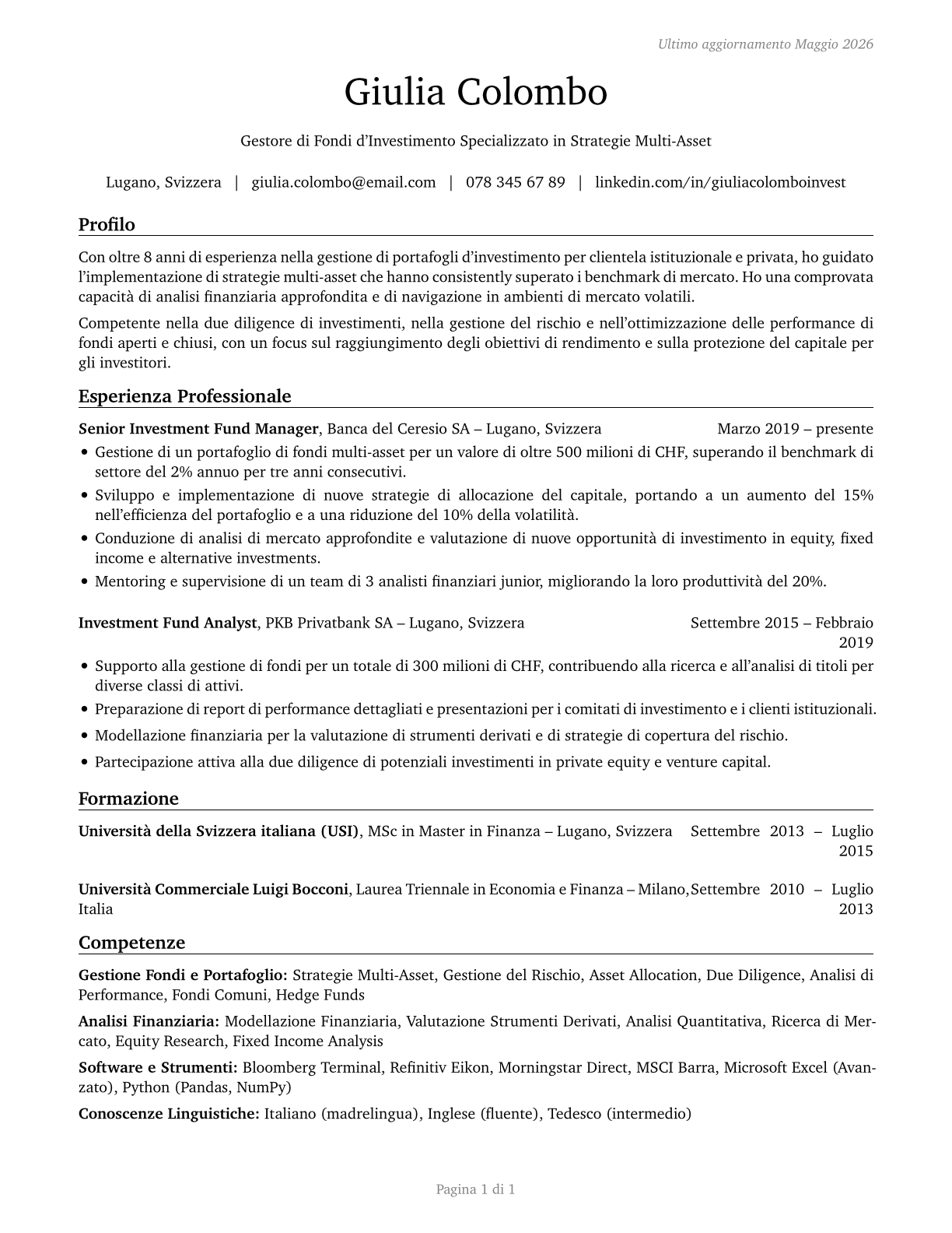 Investment Fund Managers CV in Italian — page 1