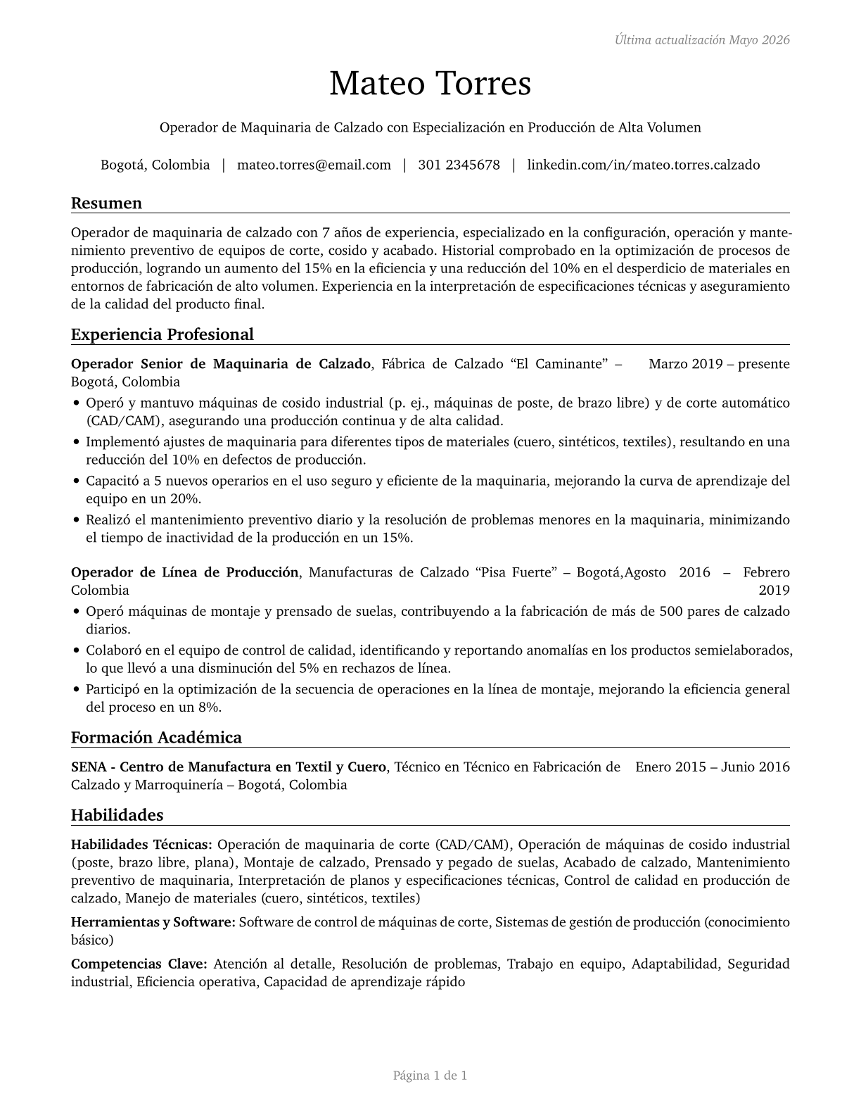 Shoe Machine Operators and Tenders CV in Spanish — page 1
