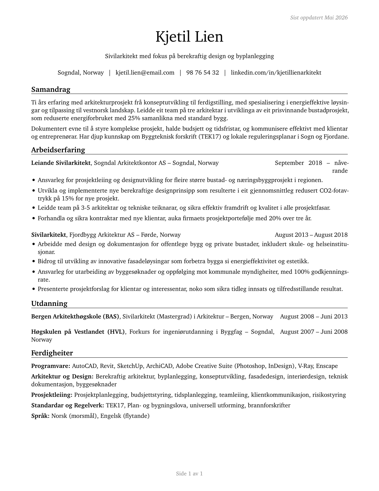 Architects, Except Landscape and Naval CV in Norwegian_nynorsk — page 1