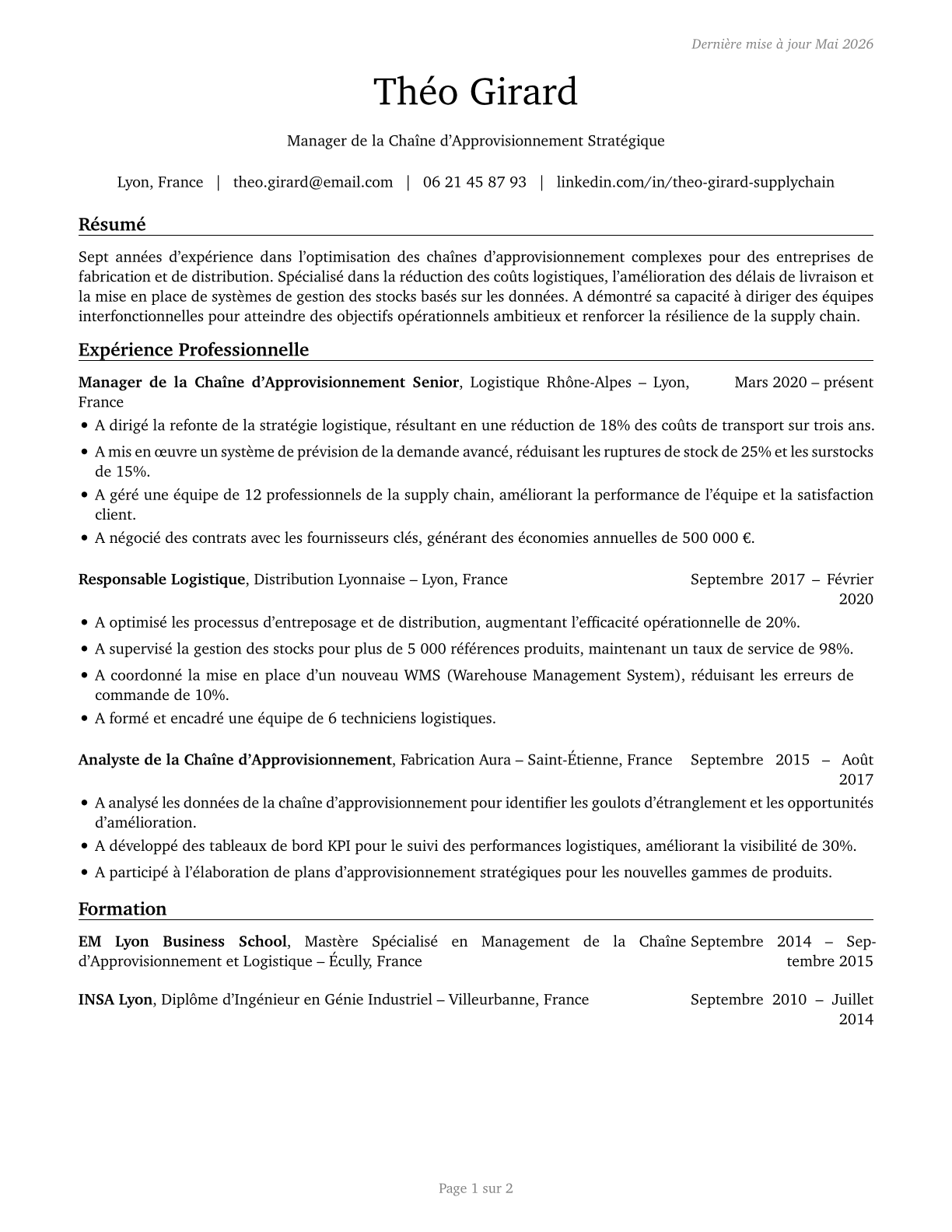 Supply Chain Managers CV in French — page 1