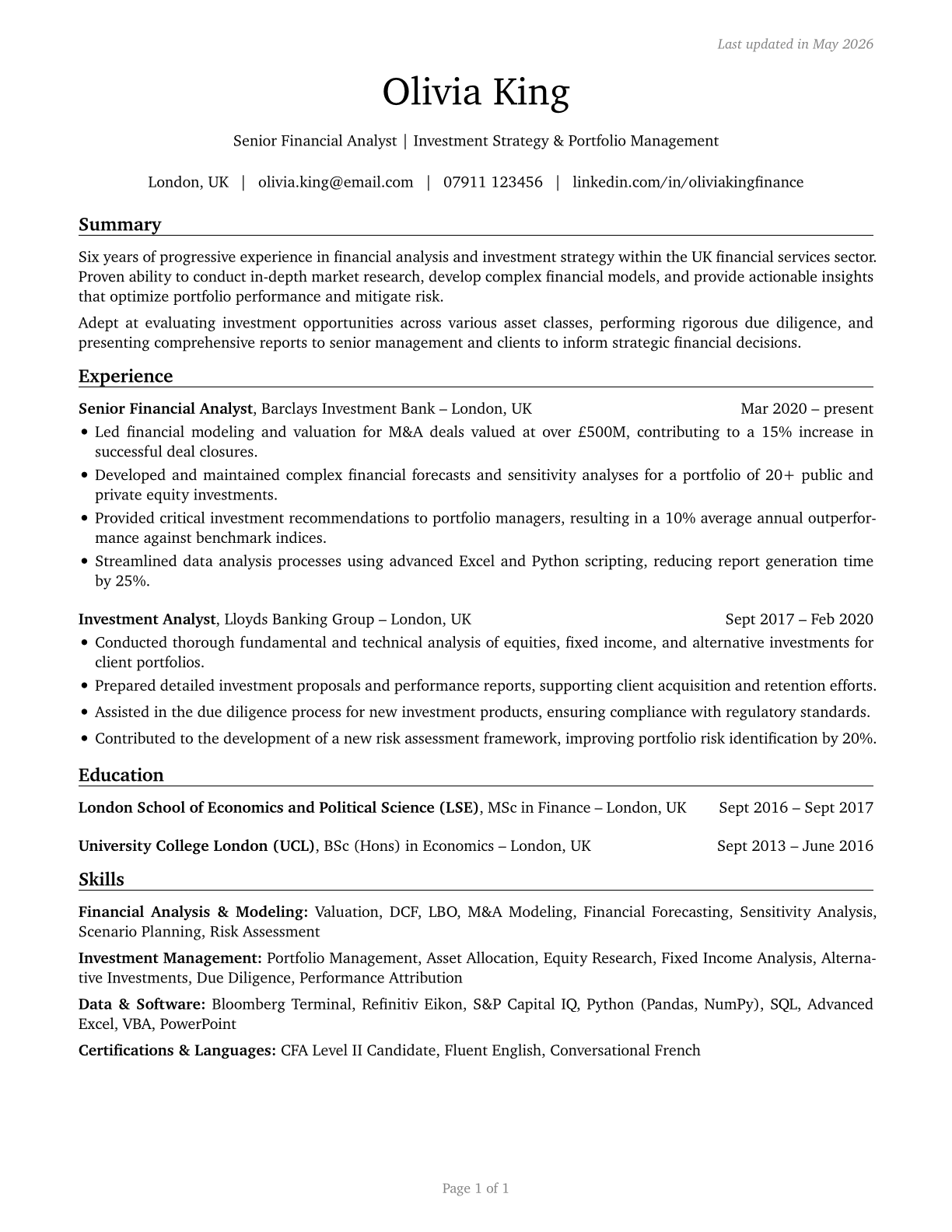 Financial and Investment Analysts CV in English — page 1
